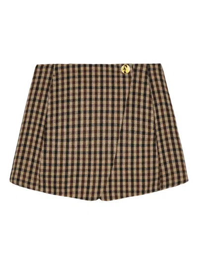 Ganni Womens Chicory Coffee Checked Gold-toned Button Wool-blend Mini Skirt In Brown