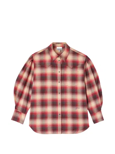 Ganni Cotton Flannel Check Pleated Sleeve Shirt In Multi