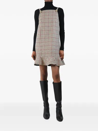 Pre-owned Ganni Checked Ruffled Mini Dress In Brown
