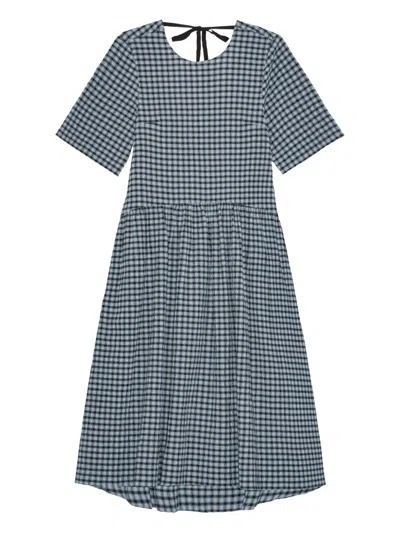 Ganni Checked Seersucker Midi Dress In Blue