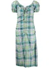 Ganni - Seersucker Check Gathered U-neck Midi Dress In Green