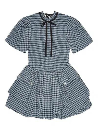 Ganni Blue Seersucker Check Mini Smock Dress