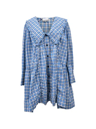 Pre-owned Ganni Checked Seersucker Mini Dress In Blue