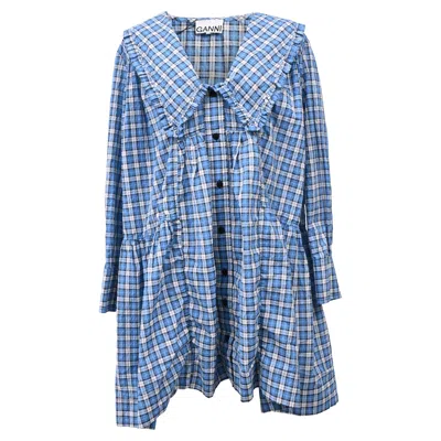 Ganni Checked Seersucker Mini Shirt Dress In Blue Cotton