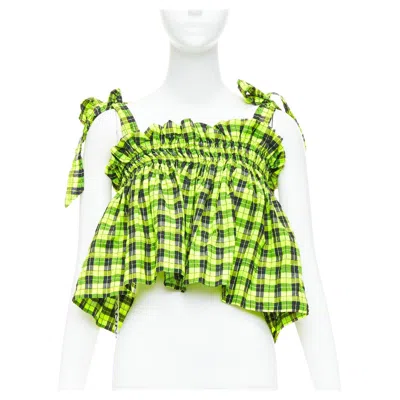 Pre-owned Ganni Checked Seersucker Neon Green Ruffle Tie Shoulder Crop Top Fr36 S