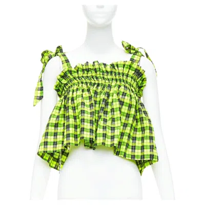 Pre-owned Ganni Checked Seersucker Neon Green Ruffle Tie Shoulder Crop Top Fr36 S