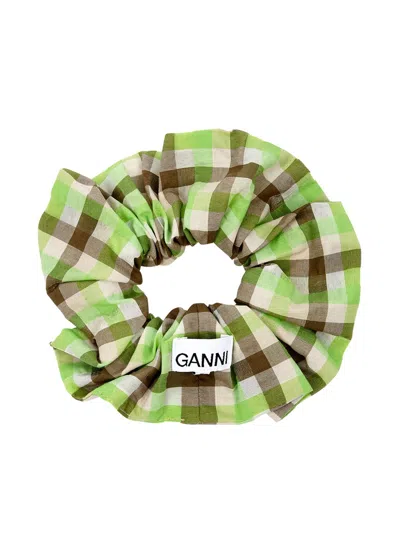 Ganni Checked Seersucker Scrunchie In Green
