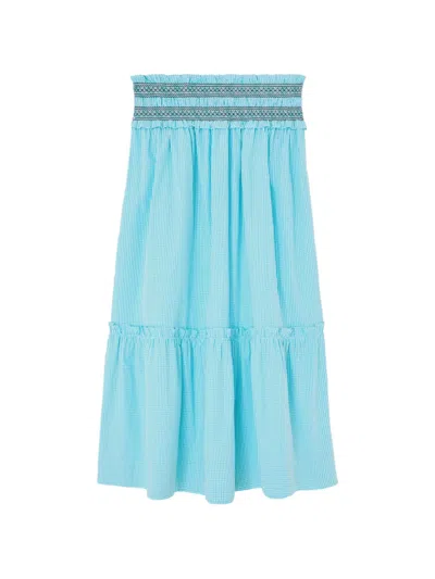 Ganni Checked Smocked Midi Skirt In Blue