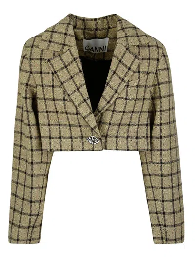 Ganni Checked Suiting Cropped Blazer In Green