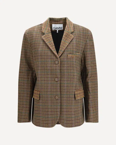 Ganni Checked Twill Blazer In Brown