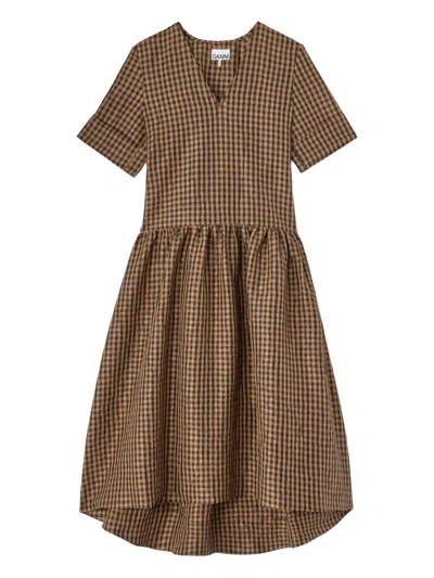 Ganni Checked V-neck Dress In Brown