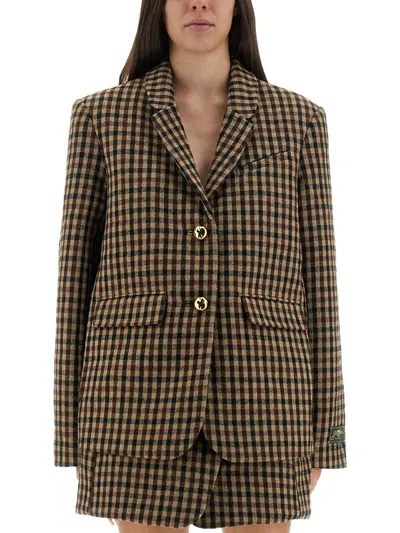 Ganni Checked Wool Blazer In Brown