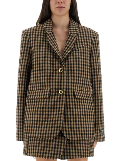 Ganni Checked Wool Blazer In Animal Print