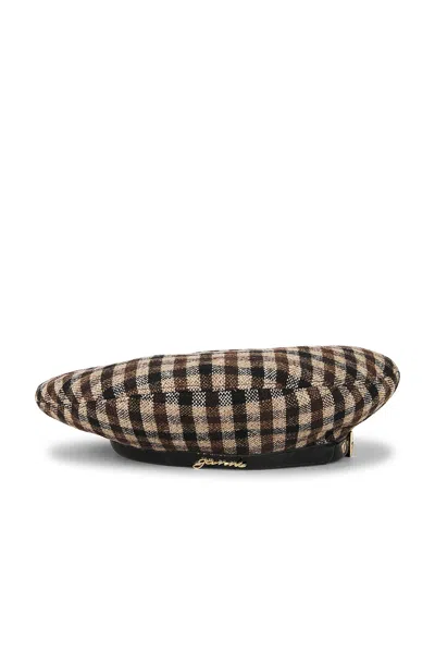 Ganni Checked Wool Mix Beret In Brown