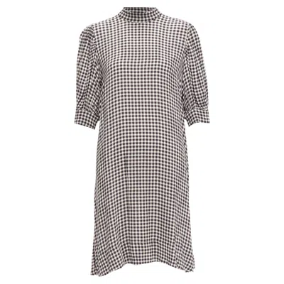 Ganni Checkerboard Print High Neck Half Sleeve Knee Dress In Black