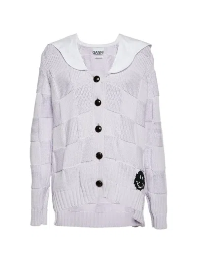 Pre-owned Ganni Checkerboard-knit Smiley-detail Cotton Cardigan In Purple