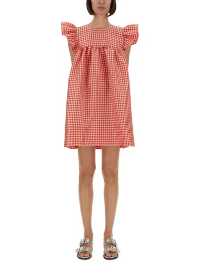 Ganni Ruffled Gingham Crinkled-taffeta Mini Dress In Red
