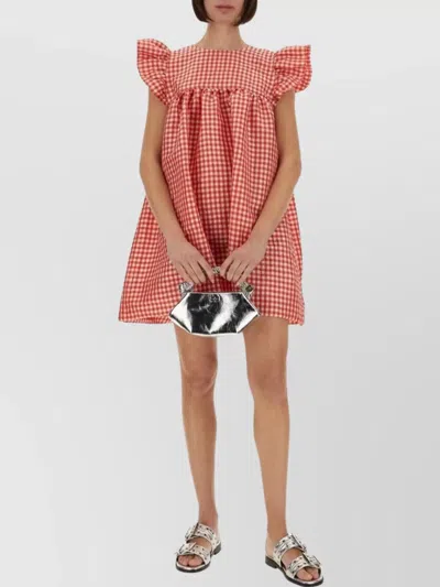 Ganni Checkered Mini Dress Ruffled Sleeves In Red