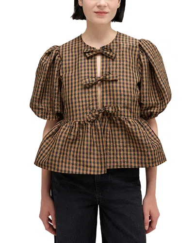 Ganni Crinkled Taffeta Check Peplum Blouse Tobacco Brown