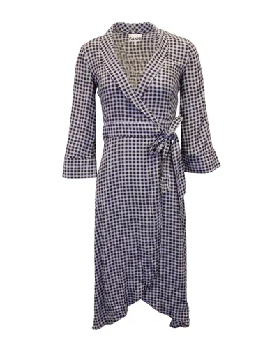 Ganni Checkered Wrap Dress In Blue Viscose