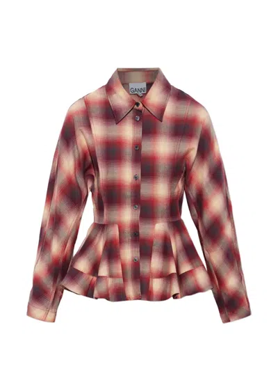 Ganni Check-pattern Peplum-hem Shirt In Red