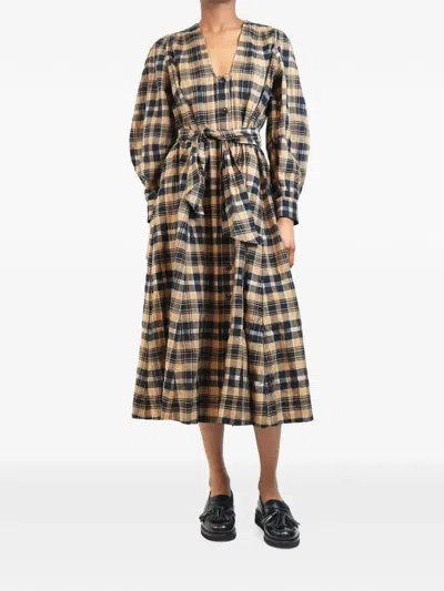 Pre-owned Ganni Check-pattern Seersucker Midi Dress In Brown