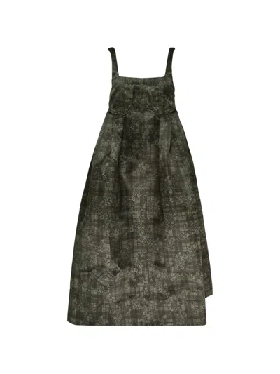Ganni Check-print Corset Midi Dress In Gray
