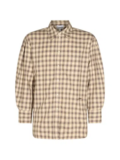 Ganni Check-print Puff-sleeve Shirt In Brown