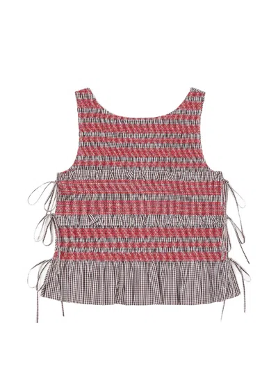 Ganni Check-print Smocked Top In Multi