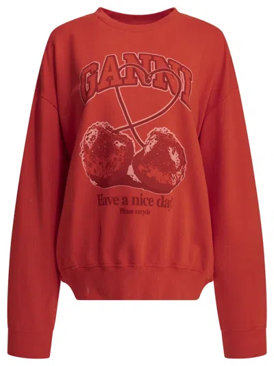 Ganni "cherries" Crewneck Sweatshirt In Red