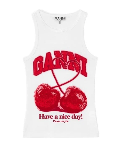 Ganni Cherries Graphic Ribbed Tank Top In White