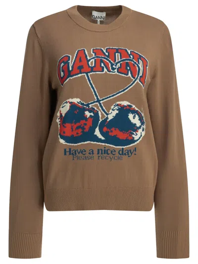 Ganni "cherry" Crewneck Sweater In Brown