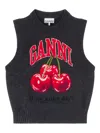 Ganni Sleeveless Intarsia Knit Crew Neck Top In Black