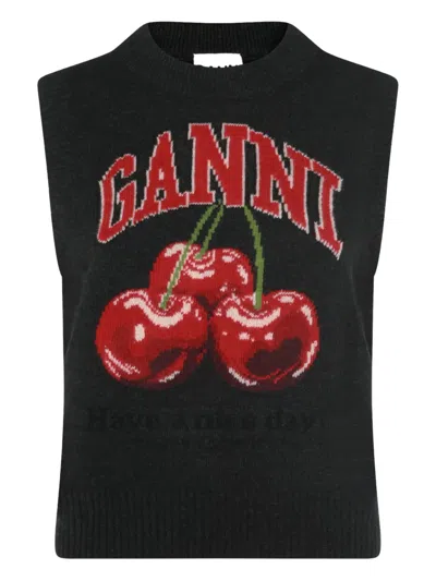 Ganni Wool Vest With Graphic Cherries In Black