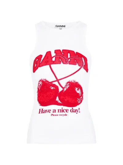 Ganni Cherry Graphic-print Racerback Tank Top In White
