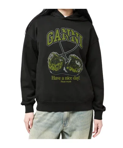 Ganni Cherry Hoodie In Black