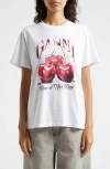 Ganni White T-shirt With Cherry Print And Logo Lettering On The Front In Cotton Woman In Bright White