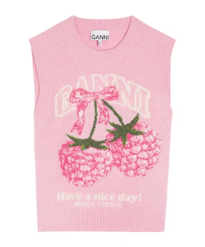 Ganni Cherry Pattern Wool Vest In Pink