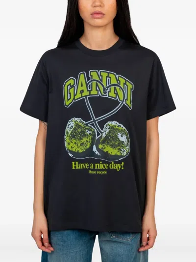 Ganni T-shirt Mit Kirschen-print In Black