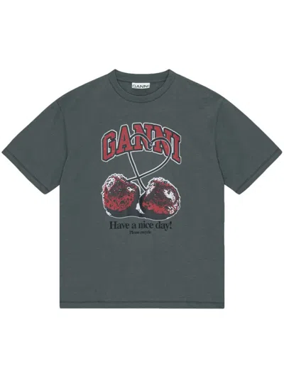 Ganni Cherry Print Cotton T-shirt In Grey