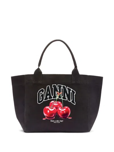 Ganni Cherry Print Handle Medium Tote Bag In Brown