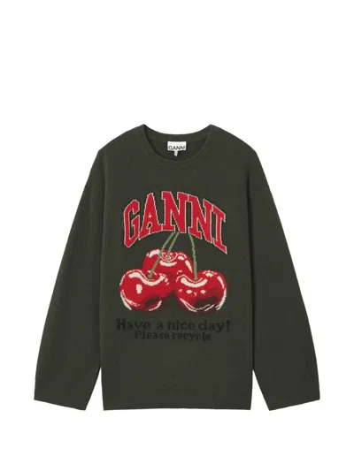 Ganni Green Oversized Graphic Jumper In Brown