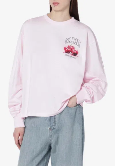 Ganni Cherry Print Logo Sweatshirt In Pink