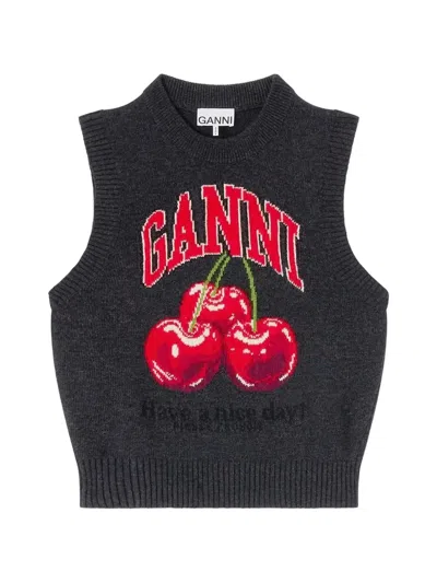 Ganni Cherry-print Wool Vest In Gray