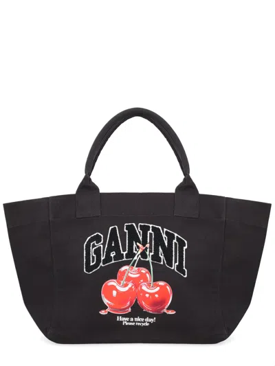 Ganni Xxl Cherry Tote Bag In Recycled Cotton In Black