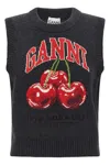 Ganni Sleeveless Intarsia Knit Crew Neck Top In Black