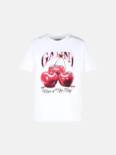 GANNI 'CHERRY' WHITE COTTON T-SHIRT