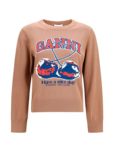 Ganni Cotton Crew Neck Graphic Knit Sweater In Brown