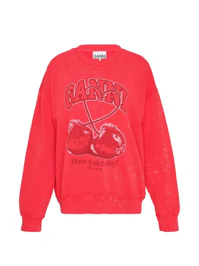 Ganni Cherry-print Acid-wash Sweatshirt In Pink