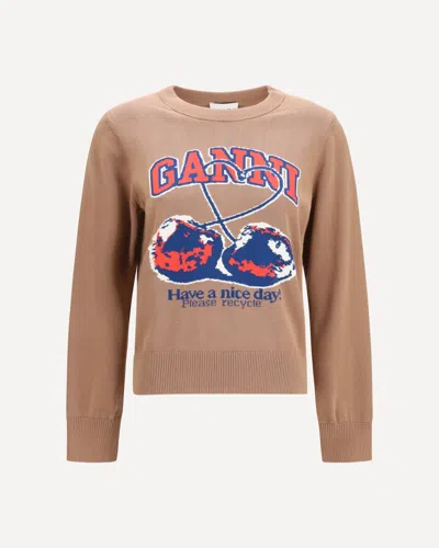 Ganni Cherry-print Cotton Sweater In Brown